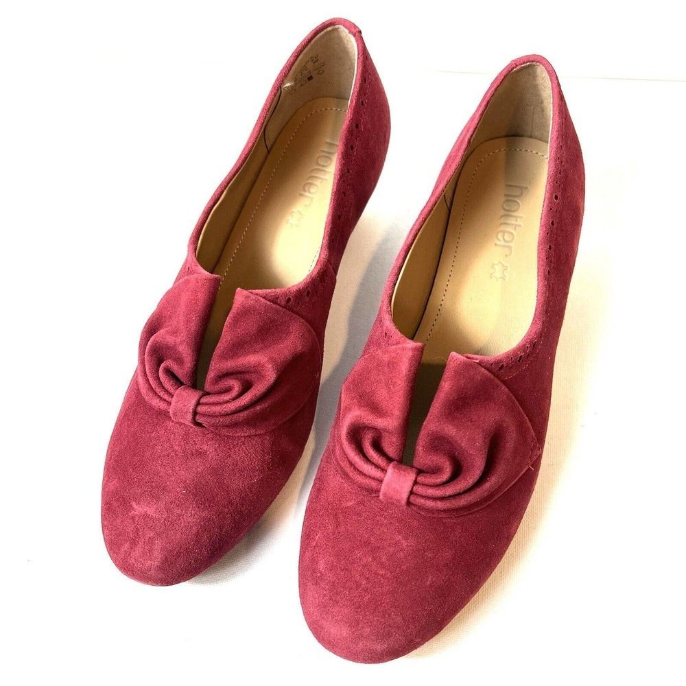 Hotter Women's Donna Court Shoe Red Suede Slip On Claret Heels UK 6.5 US 8.5